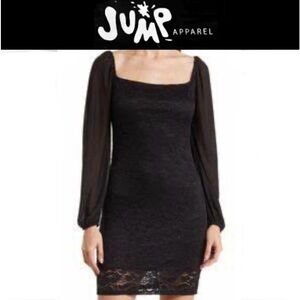 JUMP APPAREL Square Neck black Lace Dress With Mesh sleeves size L NWT
